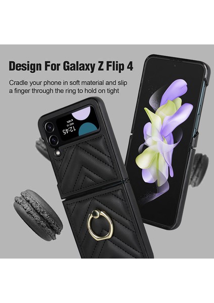 Zd 07 Samsung Galaxy Z Flip4 5g V-Şekilli Dikiş Pu Deri Sert Pc Kapağı Kickstand-Black Için (Yurt Dışından)