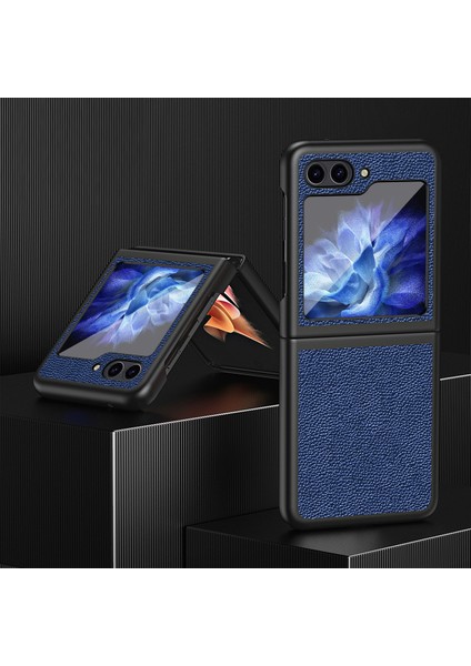 Samsung Galaxy Z Flip5 Için 5g Pu Deri Kaplamalı Pc Kılıfı Litchi Doku Koruyucu Telefon Kapak Sapfire (Yurt Dışından)