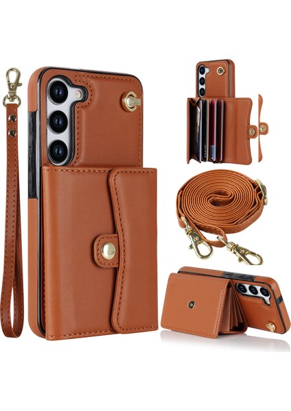 Samsung Galaxy S23 Için+ Rfıd Engelleme Telefon Kılıf Akordeon Stili Kart Yuvaları Kısa Kayış ve Uzun Kayış Kıllı Telefon Kickstand Kapak (Yurt Dışından)