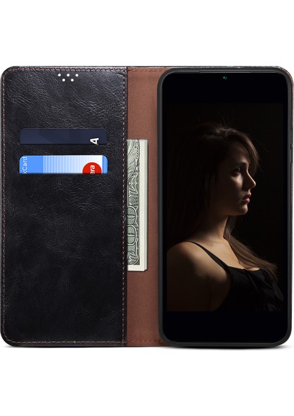 Samsung Galaxy A24 Için 4g Pu Deri Deri Flip Koruyucu Kılıf Mumsu Çılgın At Doku Doku Stand Cüzdan Kapak Black (Yurt Dışından)