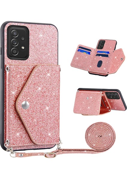 Samsung Galaxy A72 5g/4g Kickstand Pu Deri+Tpu Telefon Kılıfı Glitter Telefon Kapak Kartı Tutucu Kabuk Pembe (Yurt Dışından)