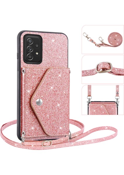 Samsung Galaxy A72 5g/4g Kickstand Pu Deri+Tpu Telefon Kılıfı Glitter Telefon Kapak Kartı Tutucu Kabuk Pembe (Yurt Dışından)