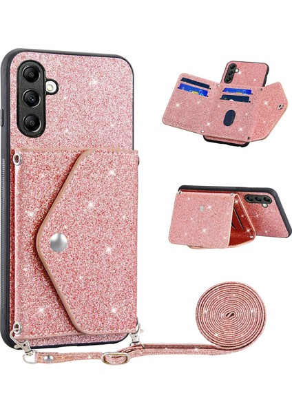 Üçgen Kickstand Pu Deri+Tpu Samsung Galaxy A34 5g Kart Tutucusu Işıltılı Toz Telefon Kapak-Pembe (Yurt Dışından)