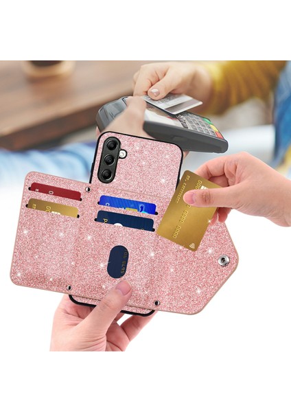 Üçgen Kickstand Pu Deri+Tpu Samsung Galaxy A34 5g Kart Tutucusu Işıltılı Toz Telefon Kapak-Pembe (Yurt Dışından)