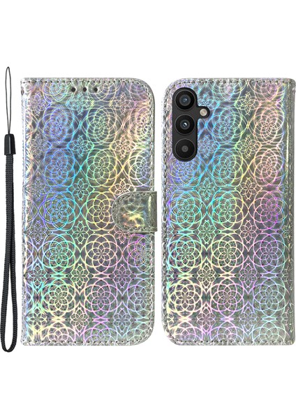 Samsung Galaxy A34 Için 5g Pu Deri Göz Kamaştırıcı Çiçek Deseni Tam Koruma Cüzdan Kılıfı Stand Manyetik Kapatma Strap-Grey ile Flip Telefon Kapağı (Yurt Dışından)