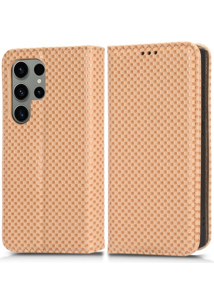 Samsung Galaxy S23 Ultra Cüzdan Telefon Kılıfı Folio Flip Kapak Stand-Beige ile Izgara Doku Deri Kılıfı (Yurt Dışından)