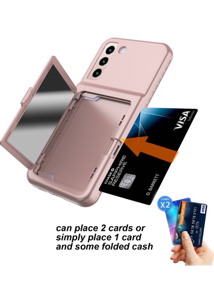 Samsung Galaxy S22+ 5g Kartal Serisi Kart Tutucu Kapağı Gizden Ayna Kalın Pc+ Tpu Kickstand Telefon Vaka Pembe (Yurt Dışından)