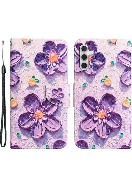 Samsung Galaxy A34 Için 5g Cross Doku Pu Deri Deri Koruyucu Kılıf Desen Baskı Magnetik Stand Cüzdan Kapağı Strap-Murple Çiçek (Yurt Dışından)