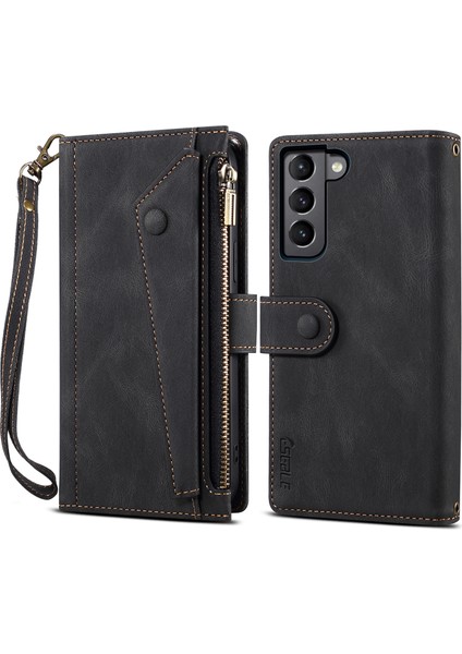 Samsung Galaxy S23, Pu Deri Çok Fonksiyonlu Fermuar Cep Stand Şok Geçirmez Cep Telefon Kapağı El Strap-Black Için Eşebe Star Serisi Flip Deri Cüzdan Kılıfı (Yurt Dışından)
