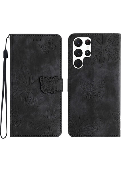 Samsung Galaxy S22 Ultra 5g Şok Geçirmez Kılıf Kelebek Basılı Deri Cüzdan Kılıfı Cilt Touch Telefon Kapak Black (Yurt Dışından)