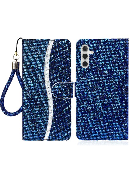 Samsung Galaxy A24 Için 4g Glitter Sparkle Ekleme Telefon Kılıfı Pu Deri Stand Cüzdan Kapağı Strap-Mavi (Yurt Dışından)