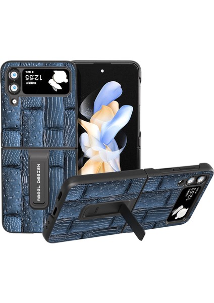 Samsung Galaxy Z Flip4 Için 5g Mahjong Doku Slip Anti-Slip Case Orijinal Inek Deri+Pc Kickstand Telefon Kapak-Mavi (Yurt Dışından)