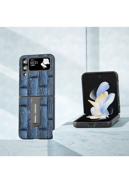 Samsung Galaxy Z Flip4 Için 5g Mahjong Doku Slip Anti-Slip Case Orijinal Inek Deri+Pc Kickstand Telefon Kapak-Mavi (Yurt Dışından)