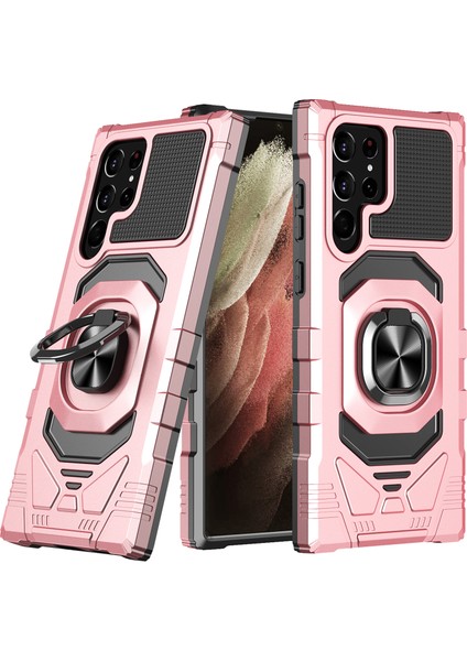 Samsung Galaxy S21 Ultra 5g Yüzük Kickstand Şok Geçirmez Telefon Kılıfı Pc+Tpu Arka Kapak Dahili Manyetik Tutucu Metal Sac-Gül Altın (Yurt Dışından)