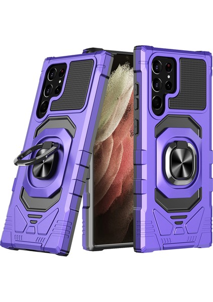 Samsung Galaxy S21 Ultra 5g Yüzük Kickstand Şok Geçirmez Telefon Kılıfı Pc+Tpu Arka Kapak Yerleşik Manyetik Tutucu Metal Sac-Purple (Yurt Dışından)