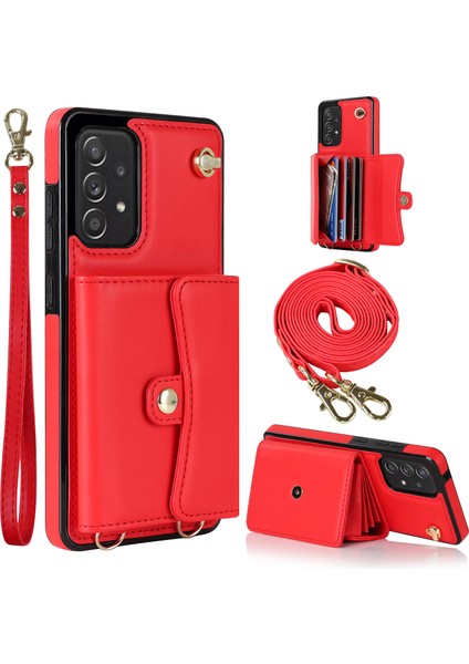 Samsung Galaxy A73 Için 5g 5g Akordeon Tarzı Kart Yuvaları Telefon Kasası Rfıd Engelleme Kickstand Kapak Kısa Kayış ve Uzun Kayış Kırmızısı (Yurt Dışından)