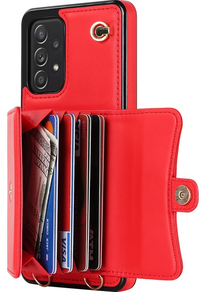 Samsung Galaxy A73 Için 5g 5g Akordeon Tarzı Kart Yuvaları Telefon Kasası Rfıd Engelleme Kickstand Kapak Kısa Kayış ve Uzun Kayış Kırmızısı (Yurt Dışından) fiyatları