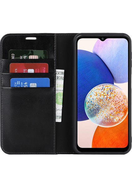 Samsung Galaxy A24 4g Çılgın At Doku Derecesi Için Gerçek Inek Deri Telefon Kapağı Cüzdan-Black ile Anti-Drop Anti Tele Kılıfı (Yurt Dışından)