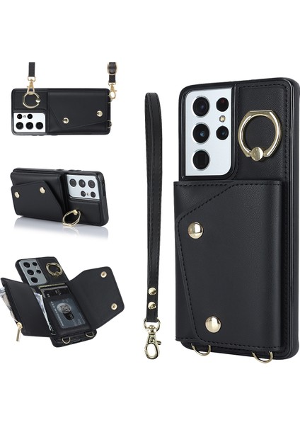 Samsung Galaxy S21 Ultra 5g Crossbody Telefon Kasası Için Fermuarlı Cüzdan Kickstand, Pu Deri Kaplı Tpu Kapak-Siyah (Yurt Dışından)