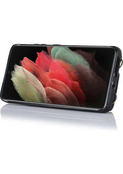 Samsung Galaxy S21 Ultra 5g Crossbody Telefon Kasası Için Fermuarlı Cüzdan Kickstand, Pu Deri Kaplı Tpu Kapak-Siyah (Yurt Dışından)