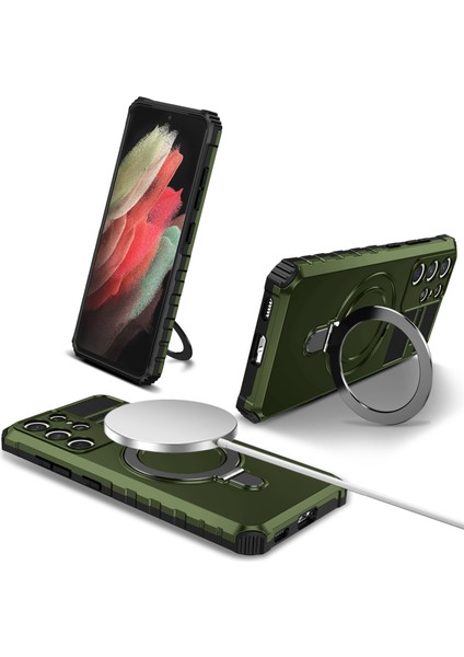 Samsung Galaxy S21 Ultra 5g Manyetik Kickstand Case Pc+Tpu Scratch'a Dayanıklı Telefon Kapak Yeşil (Yurt Dışından)