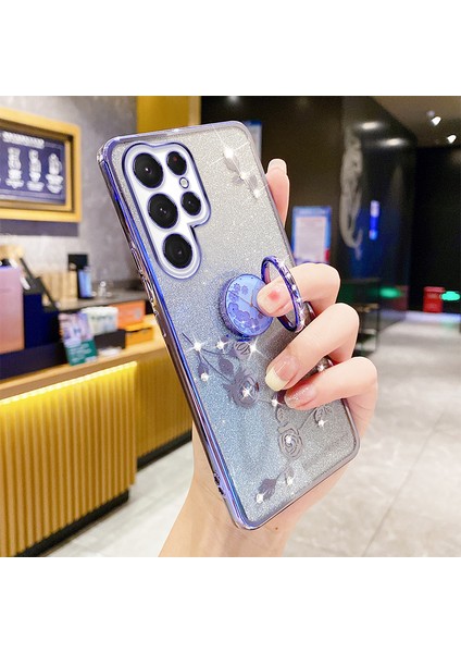 Kadem Çiçek Deseni Telefon Vaka Kickstand Samsung Galaxy S23 Ultra, Rhinestone Dekor Kazanmaya Dayanıklı Gradient Parıltılı Telefon Geri Kapak Golü Altın (Yurt Dışından)