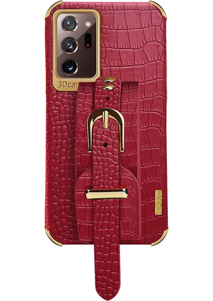 Samsung Galaxy NOTE20 ULTRA/NOTE20 Ultra 5g Timsah Doku Anti-Çizgiye Dönüş Anti-Scratch Anti-El Strap Kickstand Pu Deri Kaplamalı Tpu Kapak-Kırmızı (Yurt Dışından)