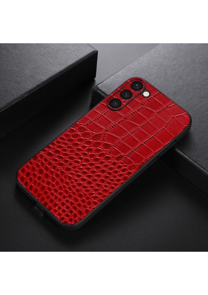 Samsung Galaxy S23 Için Shock Anti-Shock Timsah Doku Telefon Kılıfı Orijinal Cowhide Deri Kaplamalı Pc+Tpu Çizik Dirençli Cep Telefonu Kapak-Kırmızı (Yurt Dışından)