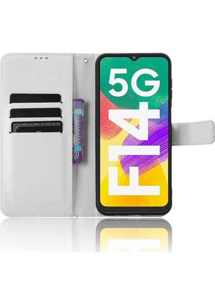 Samsung Galaxy F14 Için 5g Telefon Kılıfı Pu Deri Stand Cüzdan Elmas Doku Telefon Kapak-Beyaz (Yurt Dışından)