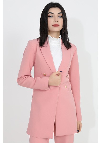 Albi Moda Omuzları Vatkalı Önü Çıtçıtlı Atlas Kumaş Kadın Blazer Ceket - Pudra