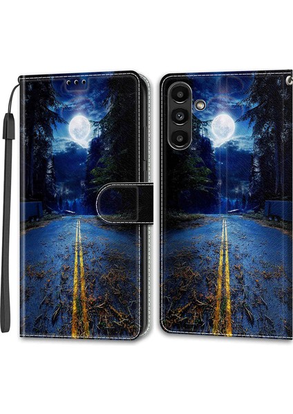Samsung Galaxy A54 5g Kart Yuvaları Için Şok Geçirmez Kasa Telefon Kasası Desen Baskılı Deri Flip Kapak Stand, Kayış Gecesi Yol/ay (Yurt Dışından)