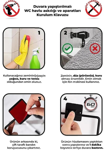 Yapışkanlı Kare Havluluk Havlu Askısı ve Tuvalet Wc Kağıtlık Pratik Banyo 2'li Set