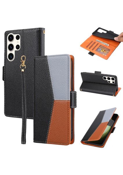 Samsung Galaxy S23 Ultra Için Pu Deri Telefon Cüzdan Kılıfı, Üç Renkli Ekleme Litchi Doku Telefon Stand Kapağı Strap-Black (Yurt Dışından)