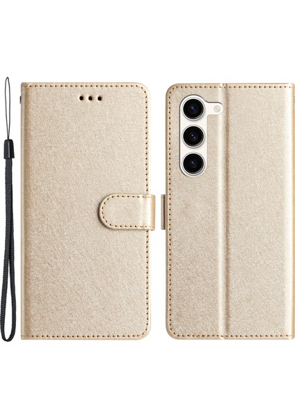 Samsung Galaxy S23+ Pu Deri Stand Kapağı Ipek Doku Cüzdan Telefon Kılıfı Strap-Gold (Yurt Dışından)