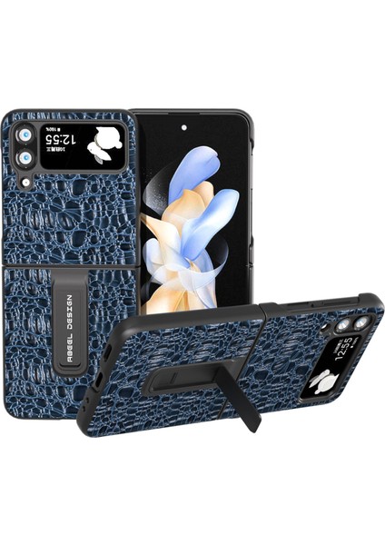 Samsung Galaxy Z Flip4 Için 5g Koruyucu Kapak Orijinal Inek Deri+Pc Kickstand Telefon Vaka-Mavi (Yurt Dışından)