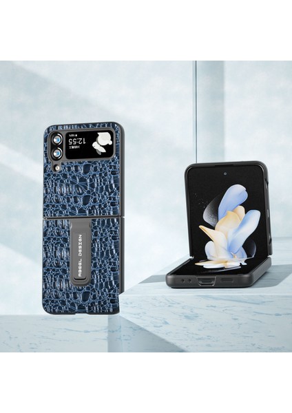 Samsung Galaxy Z Flip4 Için 5g Koruyucu Kapak Orijinal Inek Deri+Pc Kickstand Telefon Vaka-Mavi (Yurt Dışından)