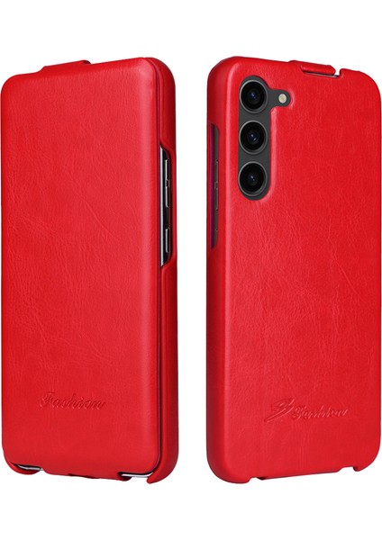Samsung Galaxy S23 Dikey Flip Cover Pu Derisi Çılgın At Doku Telefon Kabuk-Kırmızısı (Yurt Dışından)