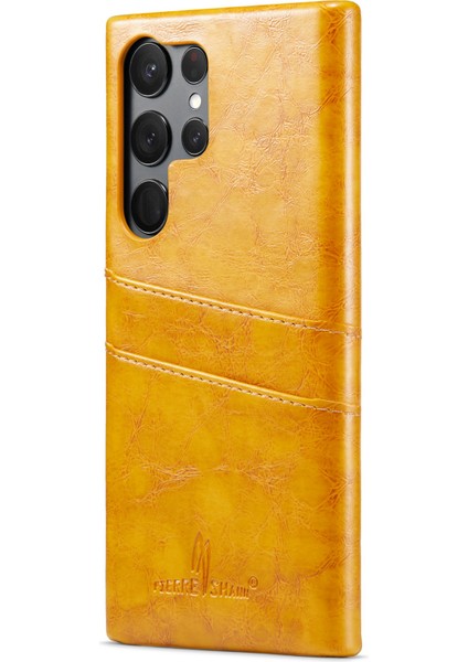 Samsung Galaxy S23 Için Ultra Cep Telefon Kılıfı Yağlı Balmumu Kart Tutucu Deri Kaplamalı Pc Kaplama Sarı (Yurt Dışından)