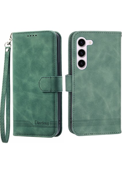 Samsung Galaxy S23 Için Dierfeng Df-03 Pu Deri Stand Telefon Kılıfı, Pu Deri Çizgiler Baskılı Telefon Cüzdan Kapak Yeşili (Yurt Dışından)