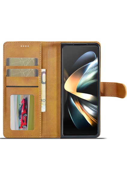 Samsung Galaxy Z Fold5 5g Cüzdan Deri Telefon Kılıf Stand Buzağı Doku Telefon Kapak Sarı (Yurt Dışından)