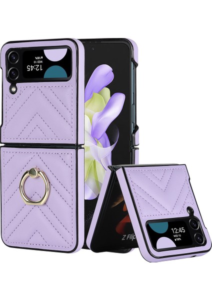 Zd 07 Samsung Galaxy Z Flip4 Için Anti-Drop Telefon Kılıfı 5g V-Şekilli Dikiş Pu Deri Deri Sert Pc Kickstand-Spurple ile (Yurt Dışından)