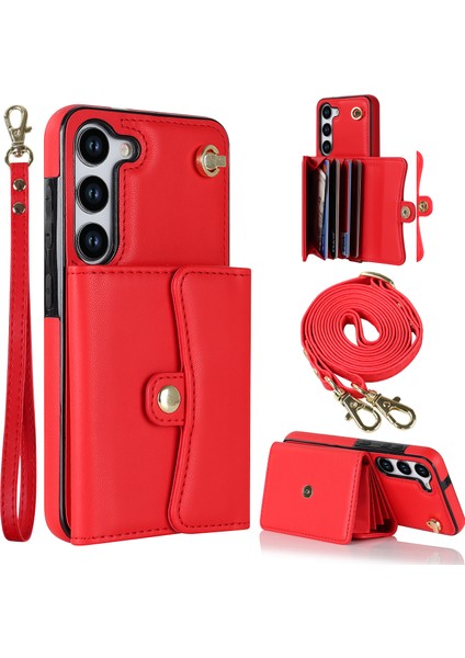 Samsung Galaxy S23+ Rfıd Engelleme Telefon Kılıfı Akordeon Stil Kart Yuvaları Kısa Kayış ve Uzun Kayış Kırmızısı ile Telefon Kickstand Kapağı (Yurt Dışından)