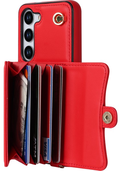 Samsung Galaxy S23+ Rfıd Engelleme Telefon Kılıfı Akordeon Stil Kart Yuvaları Kısa Kayış ve Uzun Kayış Kırmızısı ile Telefon Kickstand Kapağı (Yurt Dışından)