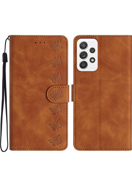 A52 5G/A52 4G/A52S 5g Damla Geçirmez Kelebek Baskılı Kabuk Deri Cüzdan Stand Telefon Case-Brown (Yurt Dışından)