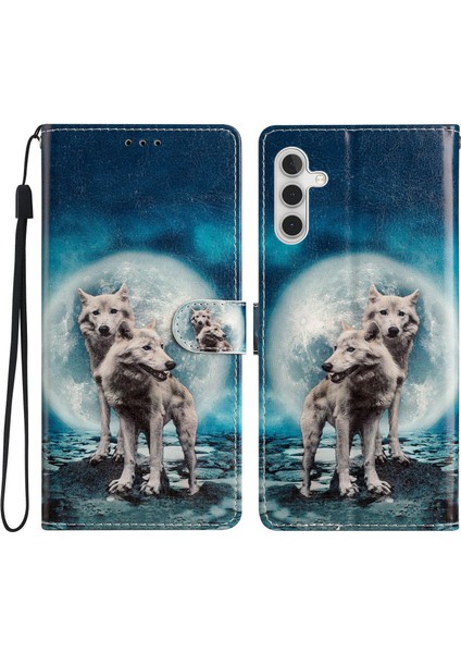Samsung Galaxy A34 Için 5g Desen Baskı Pu Deri Cüzdan Kılıfı Stand Manyetik Toka Şok Geçirmez Folio Telefon Kapağı Strap-Two Kurtlu (Yurt Dışından)
