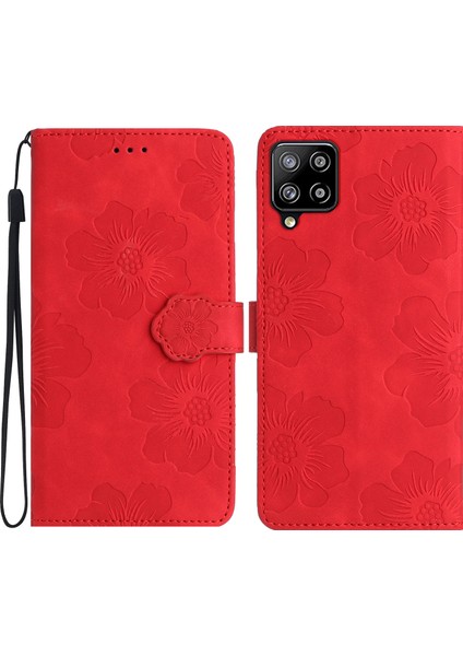 Samsung Galaxy A42 5g Çiçekler Desen Telefon Standı Pu Deri Cüzdan Anti-Drop Kapak Kırmızısı (Yurt Dışından)