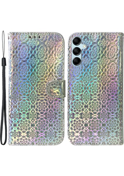 Samsung Galaxy Için M54 5G/F54 5g Deri Cüzdan Kılıf Göz Kamaştırıcı Çiçek Desen Telefon Stand Kapak-Grey (Yurt Dışından)