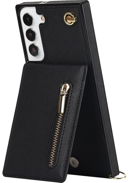 Samsung Galaxy S22 Için 5g Telefon Kapağı Kickstand Fermuar Cüzdan Deri Kaplamalı Tpu Kılıf Omuz Kayışı Black (Yurt Dışından)