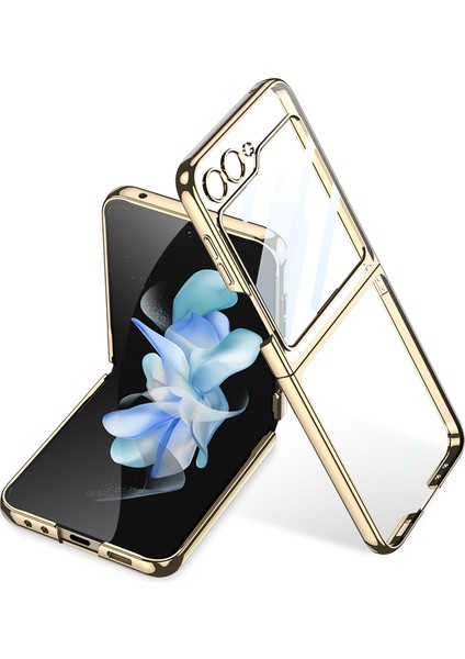 Samsung Galaxy Z Flip5 Için Gkk 5g Katlanır Telefon Kapağı Kabuğu Elektrokaplama Plastik Telefon Kılıfı Temperli Cam Ekran Film Şampiyonu Altın (Yurt Dışından)