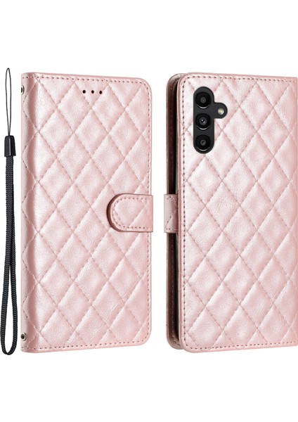 Samsung Galaxy A34 Için Stand Telefon Kılıfı A34 5g Dikiş Hattı Rhombus Pu Deri Cüzdan Strap-Rose Gold ile Telefon Kapağı (Yurt Dışından)